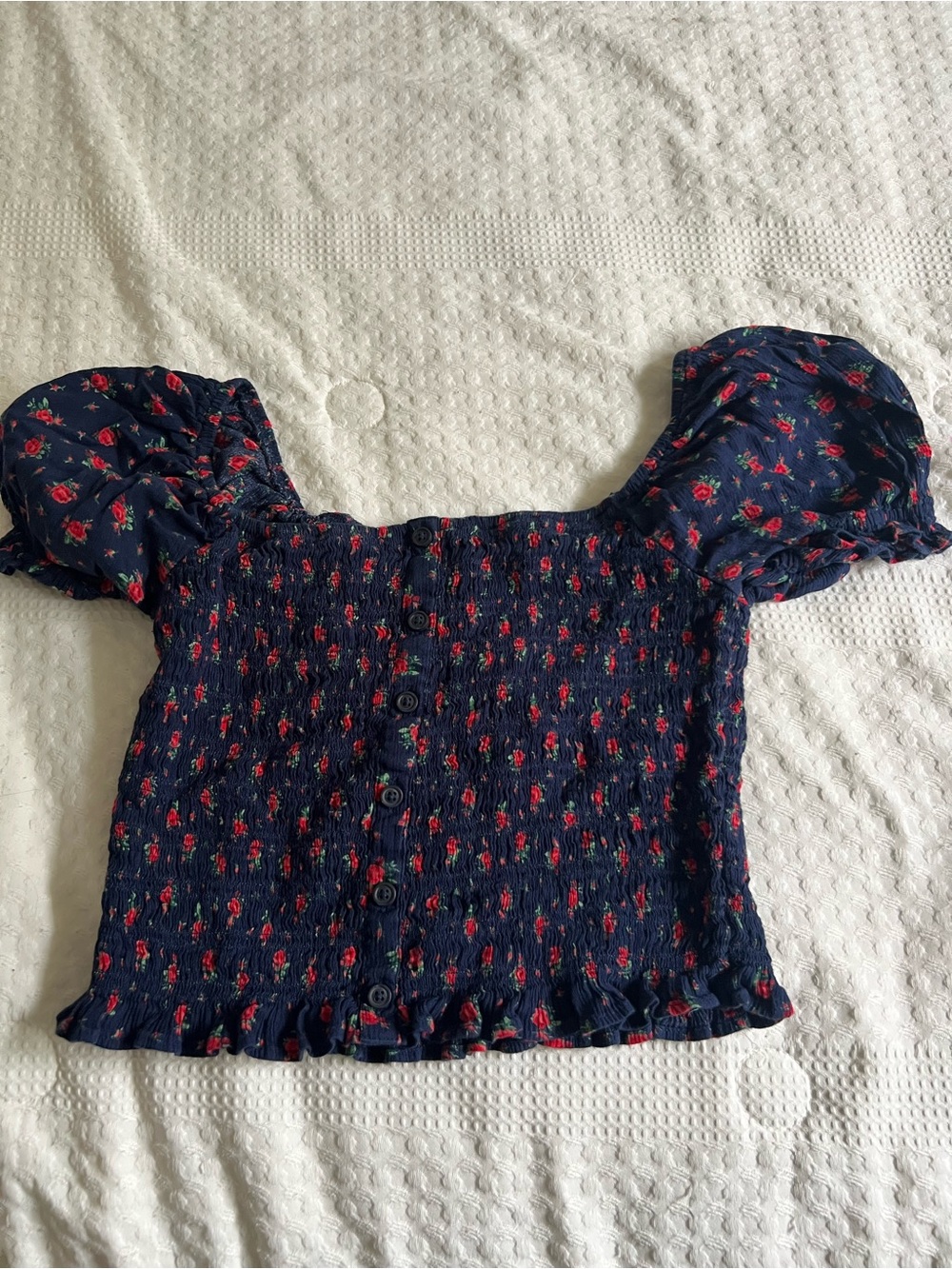 aerie Navy Floral Smocked Puff Sleeve Crop Top